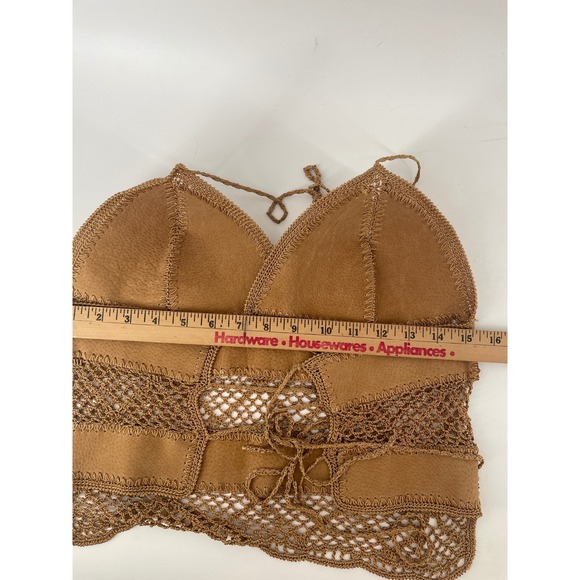 Western Boho Halter Top Womens Medium Tan Leather Crochet Lace Up Back Festival - Picture 6 of 9